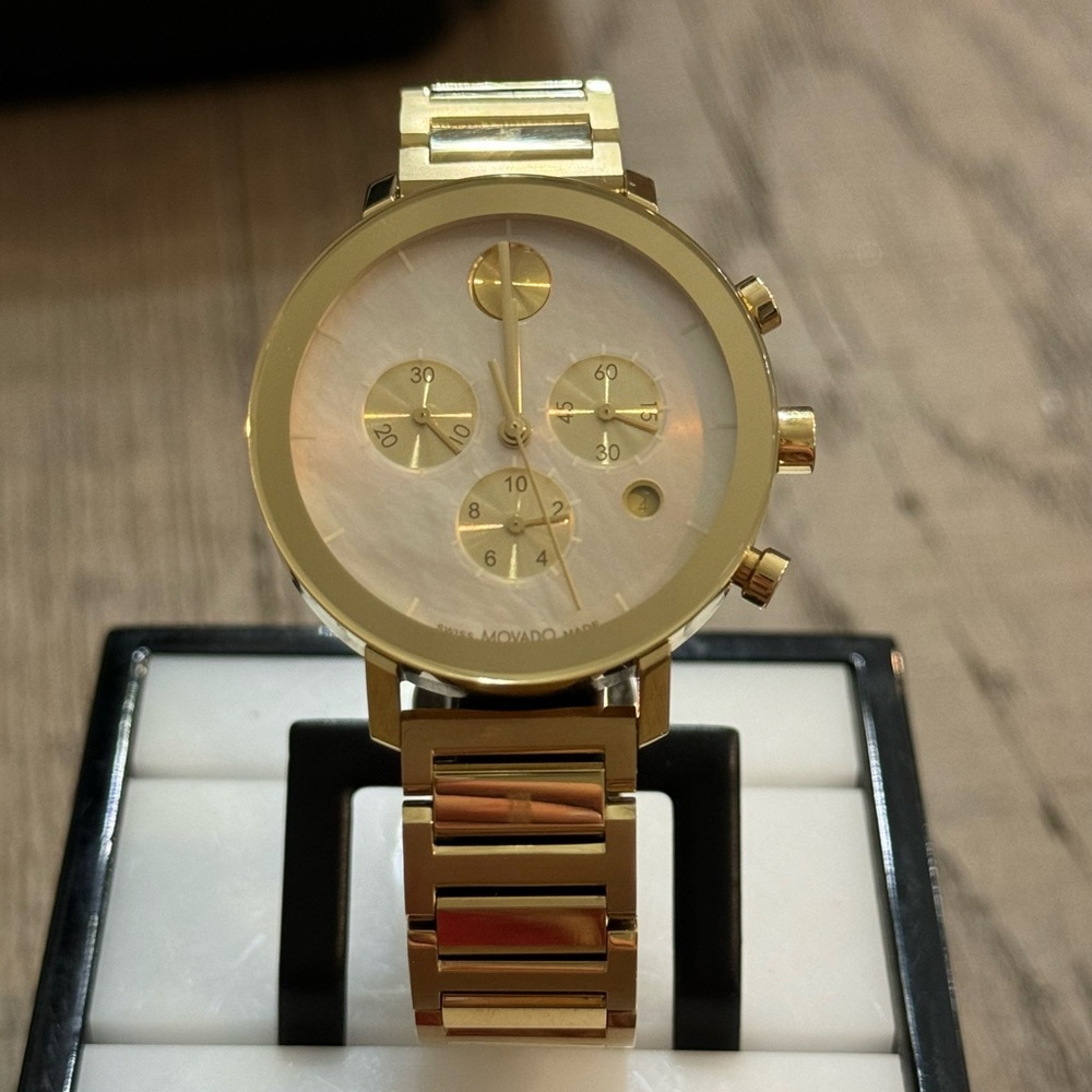 Movado Bold Evolution Quartz Chronograph Champagne Dial Gold Tone Steel